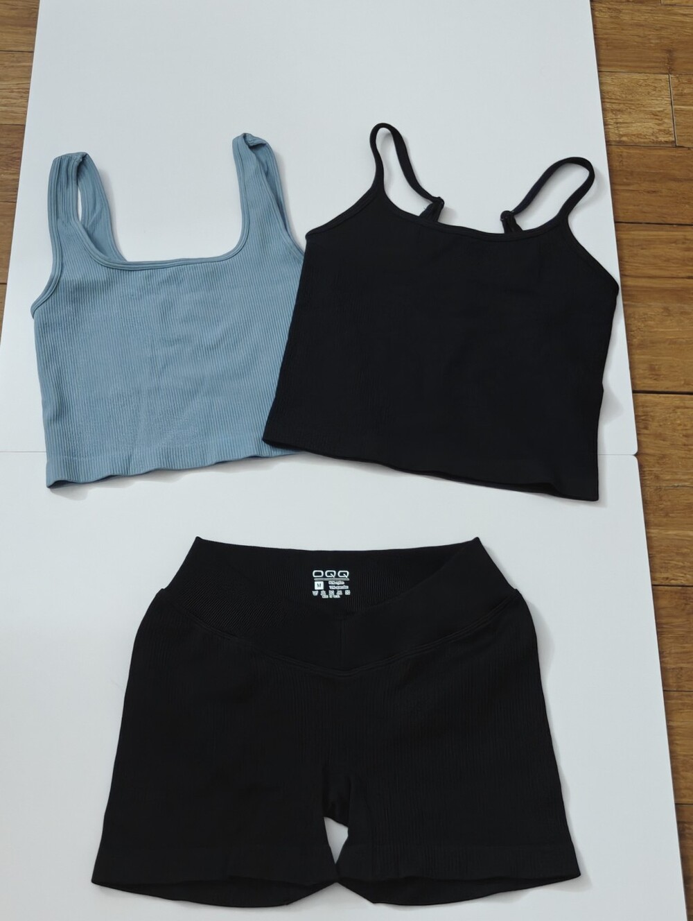 Ribbed Tank & High-Waist Shorts Set Black + Dusty Blue - Workout Yoga Set - OQQ